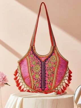 Handcrafted Embroidery Beaded Banjara Boho Shoulder Bag Pink